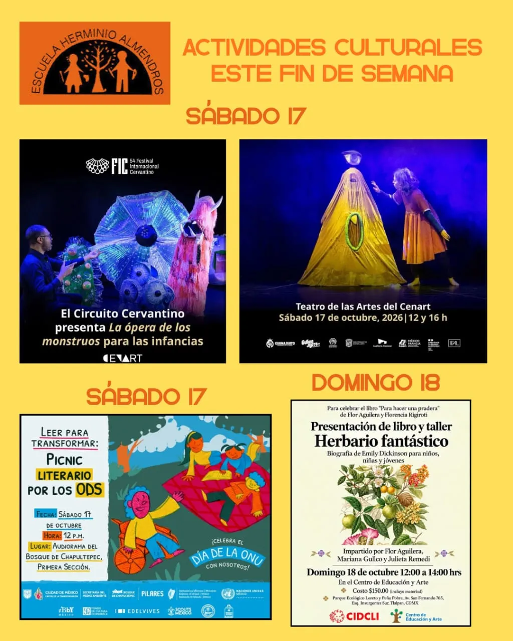 Cartel con las actividades culturales del fin de semana del 17 y 18 de octubre: La ópera de los monstruos, un picnic literario y la presentación de Herbario fantástico.