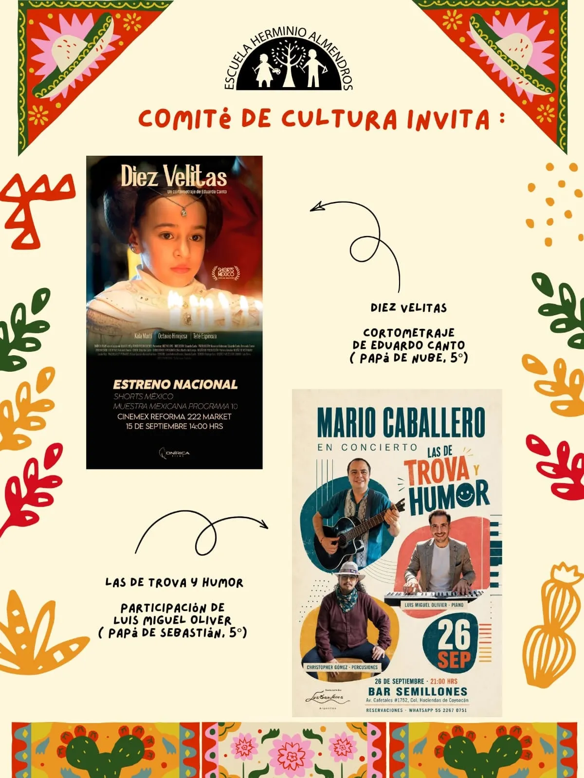 Cartel del Comité de Cultura con las invitaciones a Diez Velitas y a Las de trova y humor.