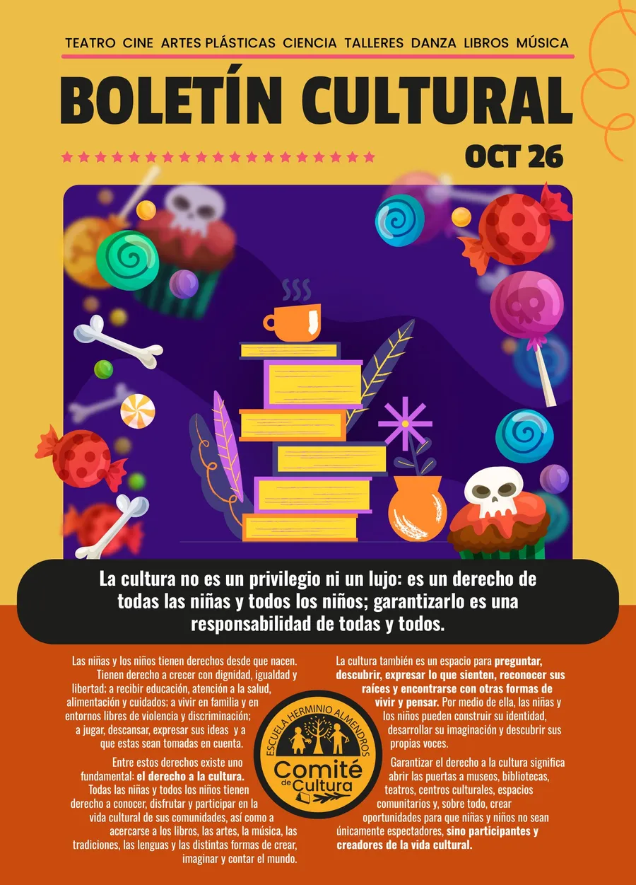 Portada del Boletín Cultural de octubre de 2026, con una ilustración de libros, flores de cempasúchil, calaveritas y dulces sobre fondo naranja.