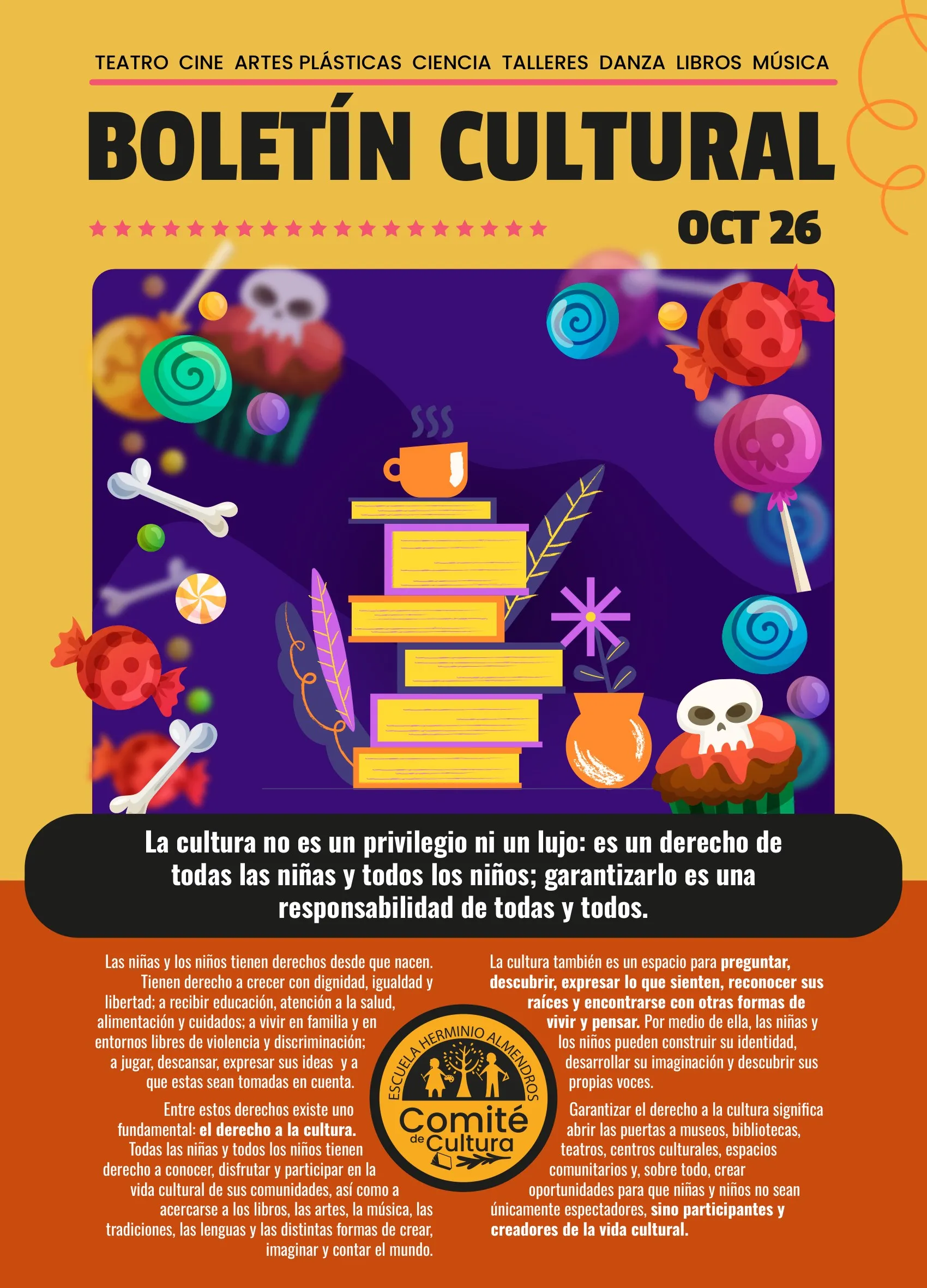 Portada del Boletín Cultural de octubre de 2026, con libros, flores de cempasúchil, calaveritas y dulces sobre fondo naranja.