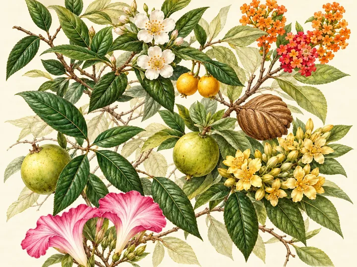 Ilustración botánica reinterpretada con hojas verdes, flores blancas, amarillas, naranjas y rosas, frutos y una cápsula de semillas sobre papel claro.