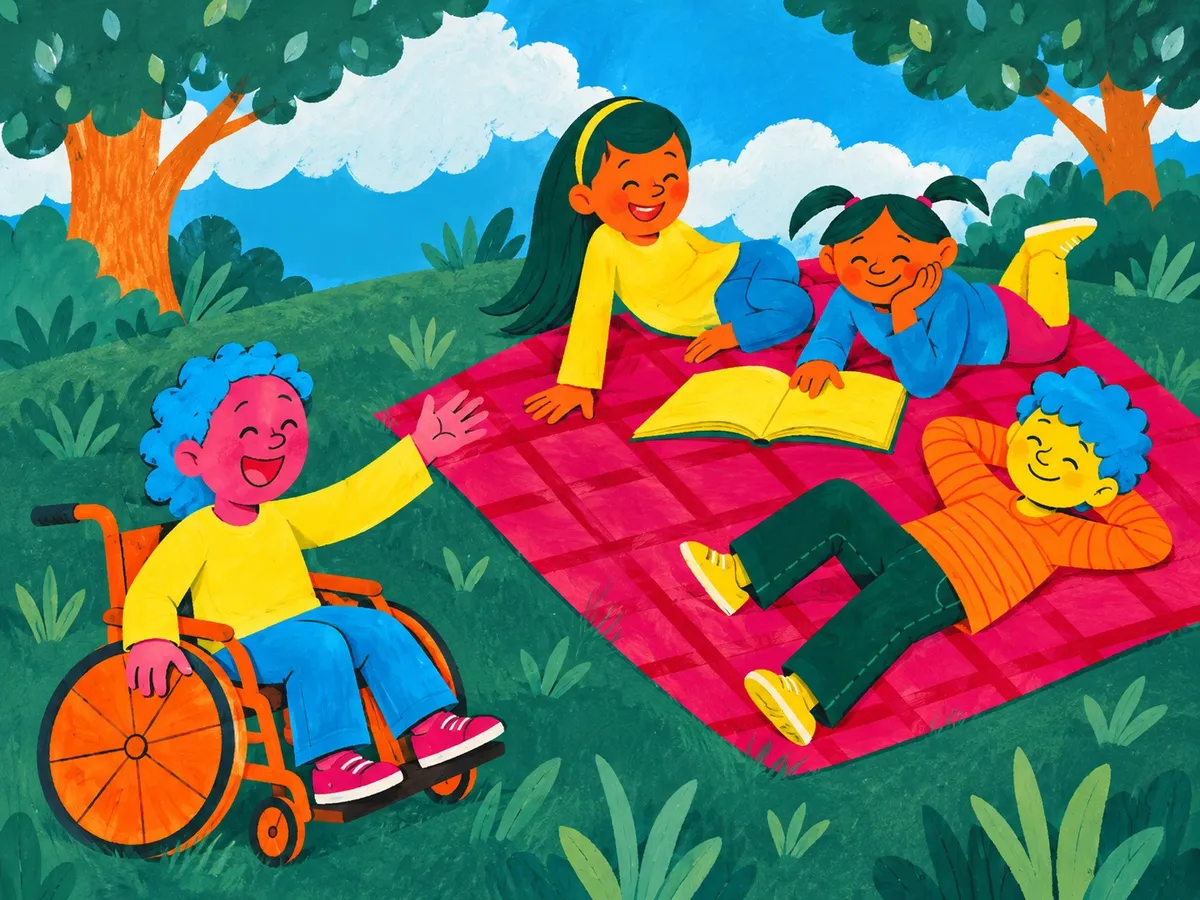 Ilustración de cuatro niñas y niños compartiendo un picnic de lectura en un parque, uno de ellos en silla de ruedas, junto a un mantel rosa y un libro abierto.