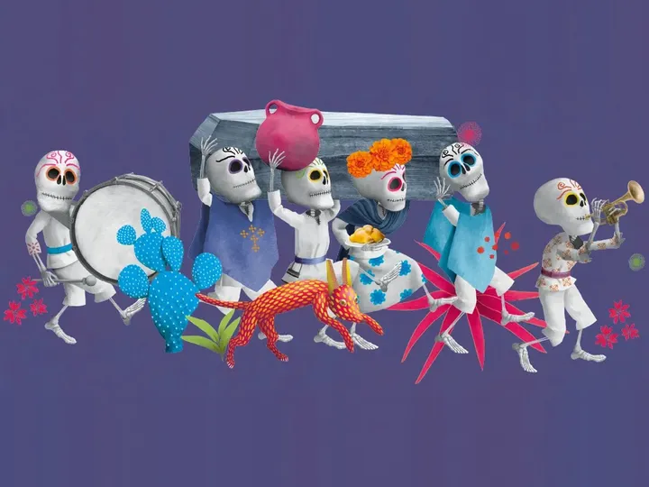 Ilustración de un desfile de calacas sobre fondo morado; cargan un ataúd y un cántaro, tocan tambor y trompeta, y las acompañan un alebrije naranja, un nopal azul y flores rosas.