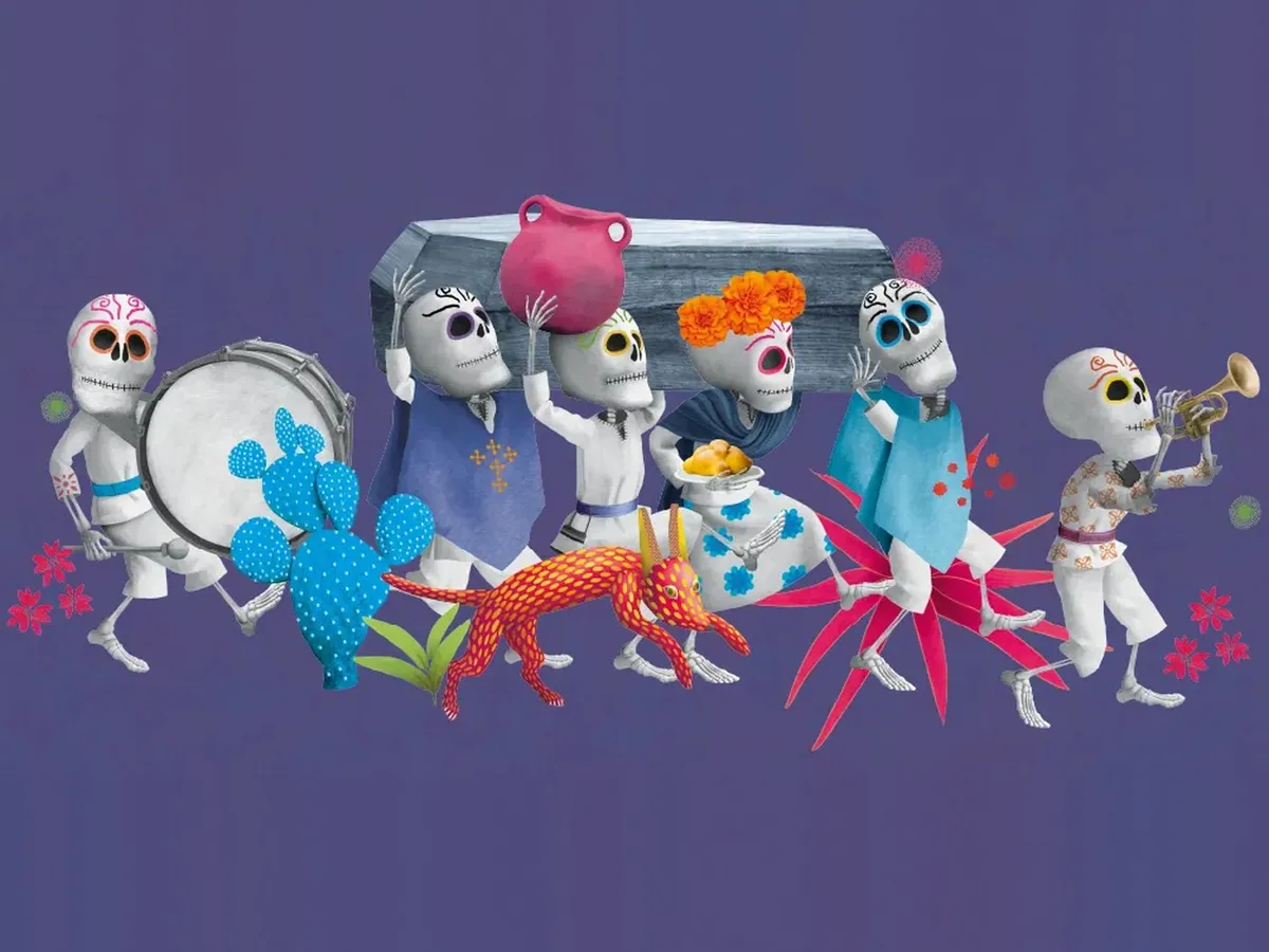 Ilustración de un desfile de calacas sobre fondo morado; cargan un ataúd y un cántaro, tocan tambor y trompeta, y las acompañan un alebrije naranja, un nopal azul y flores rosas.