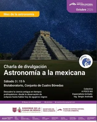 Cartel de Astronomía a la mexicana: una pirámide escalonada bajo un cielo estrellado.