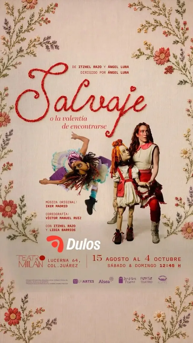 Cartel de Salvaje, con el título en letras rojas manuscritas y una niña y una perrita rodeadas de flores.