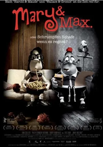 Cartel de Mary y Max: los dos personajes de plastilina, una niña y un hombre corpulento, en tonos sepia.