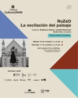 Cartel de Rozéo, con figuras geométricas azules, rojas y turquesa y la silueta de un edificio.