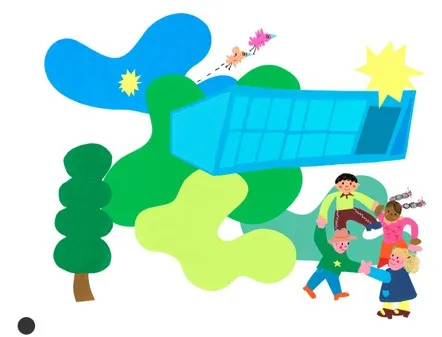 Ilustración de colores con un árbol, una nube azul, un sol amarillo y niñas y niños que juegan alrededor de un edificio.