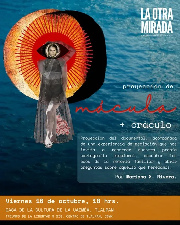 Cartel de Mácula y su oráculo: una figura de mujer con un vestido largo frente a un círculo rojo y naranja sobre fondo azul.