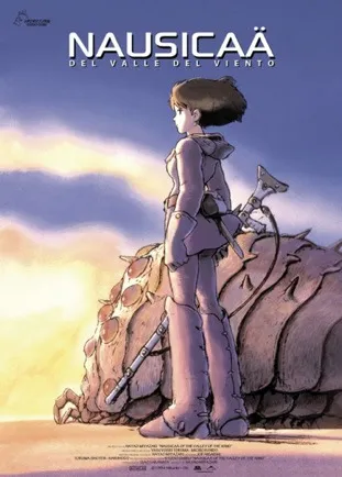 Cartel de Nausicaä del Valle del Viento: la princesa, de espaldas y con el cabello al viento, mira un cielo anaranjado.