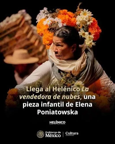 Cartel de La vendedora de nubes: una actriz con flores en el cabello y el anuncio de la obra en letras blancas.