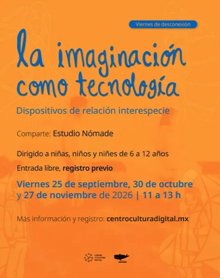 Cartel naranja del taller La imaginación como tecnología, con letras manuscritas azules.