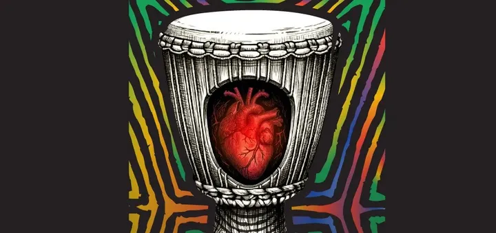 Ilustración de un tambor africano con un corazón rojo, entre líneas de colores sobre fondo negro.