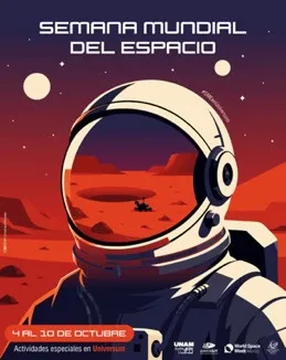 Cartel de la Semana Mundial del Espacio: un astronauta con un planeta rojo reflejado en el casco.