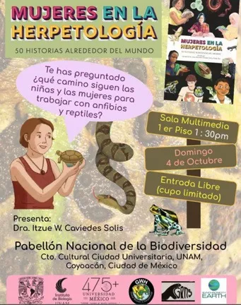 Cartel de Mujeres en la herpetología: una niña dibujada con una tortuga, una serpiente y una rana sobre fondo verde.